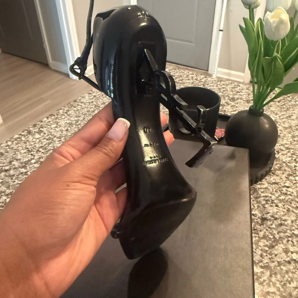 Saint Laurent Black Patent Opyum Logo Heel Sandals - Picture 4 of 8